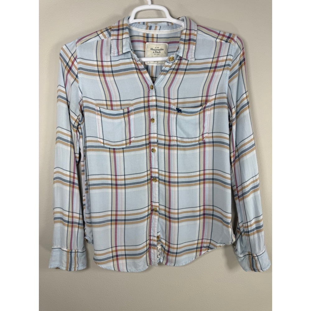 Abercrombie & Fitch Plaid Button Down Women M Blue Viscose Coastal Preppy Fall
